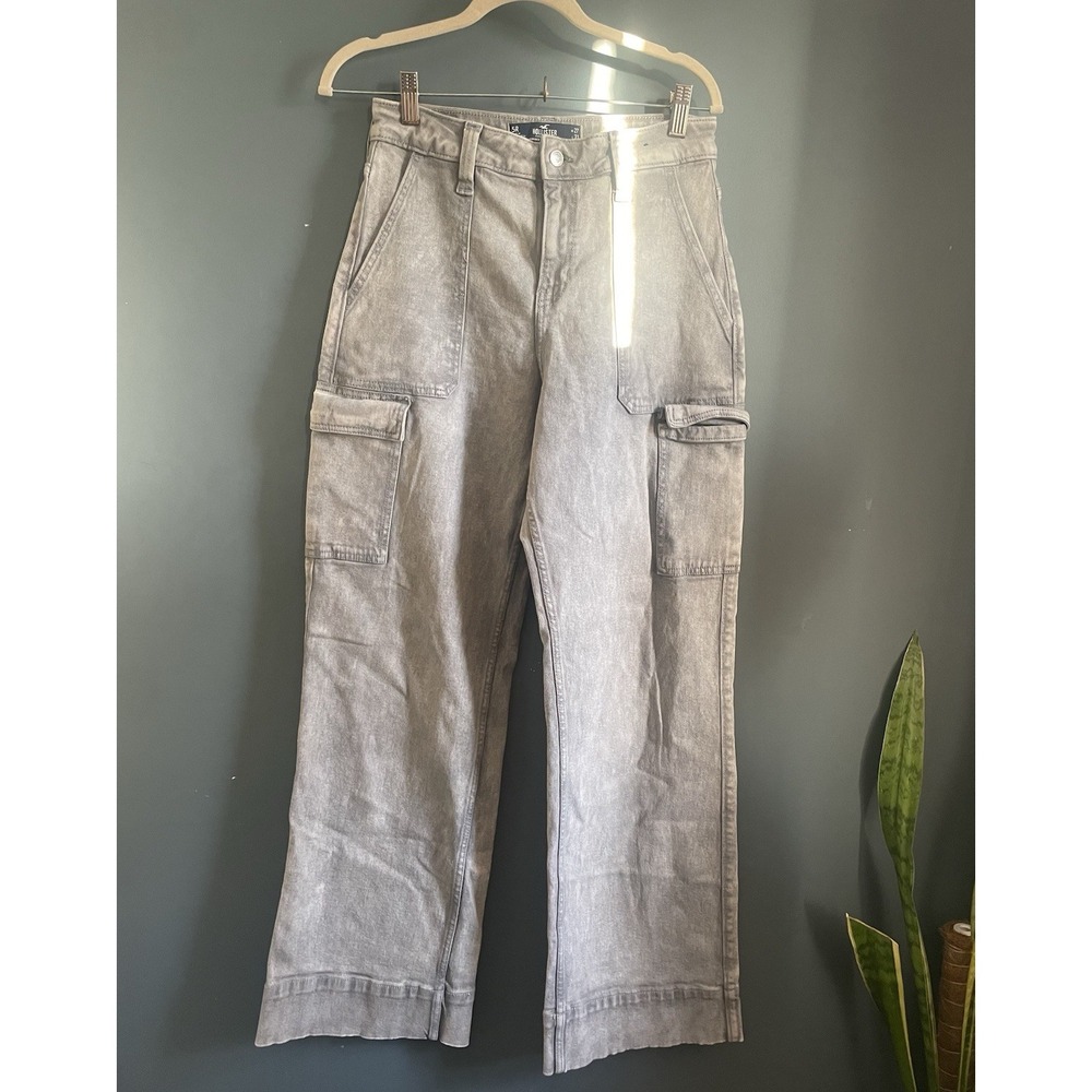 Hollister High Rise Vintage Baggy Cargo Jeans Grey Wash Size 5R‎ W27 L31
